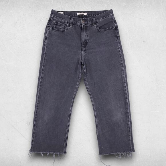 Levis Premium Loose Straight Jeans Women 28 Black Cropped Frayed Hem Retro Boho - Picture 1 of 13